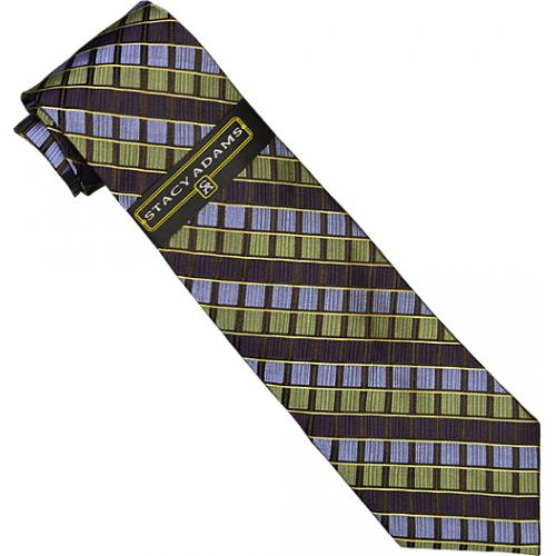 Stacy Adams Collection SA087 Plum / Olive / Sky Blue Diagonal Square Design 100% Woven Silk Necktie/Hanky Set